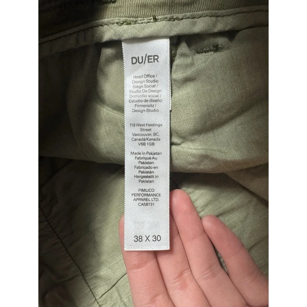 DU/ER Men's 38x30 Live Free Adventure Pants Loden Green Cargo Technical Fabric
